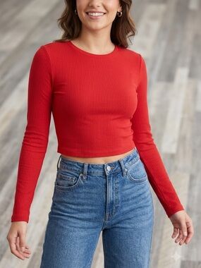 Active USA Red Ribbed Long-Sleeve Crop Top Medium